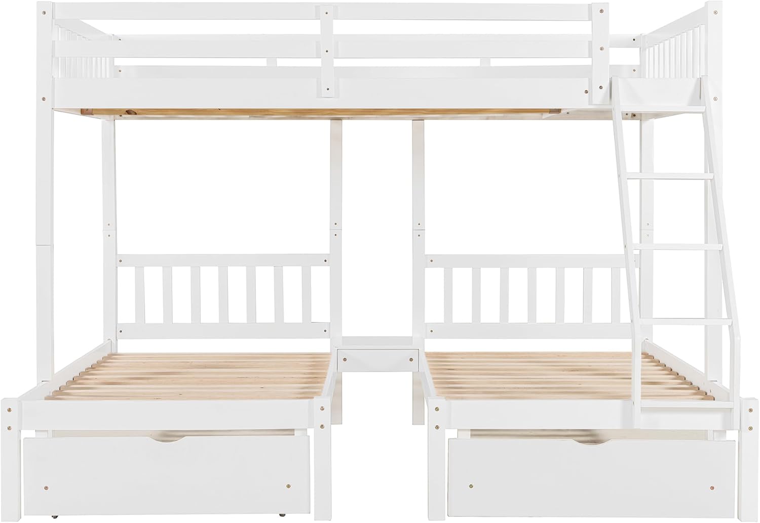 Merax Full Over Twin & Twin Bunk Bed for 3, Wooden Triple Bunk Bed with 2 Storage Drawers, Ladder and Guardrails, No Box Spring Needed, White