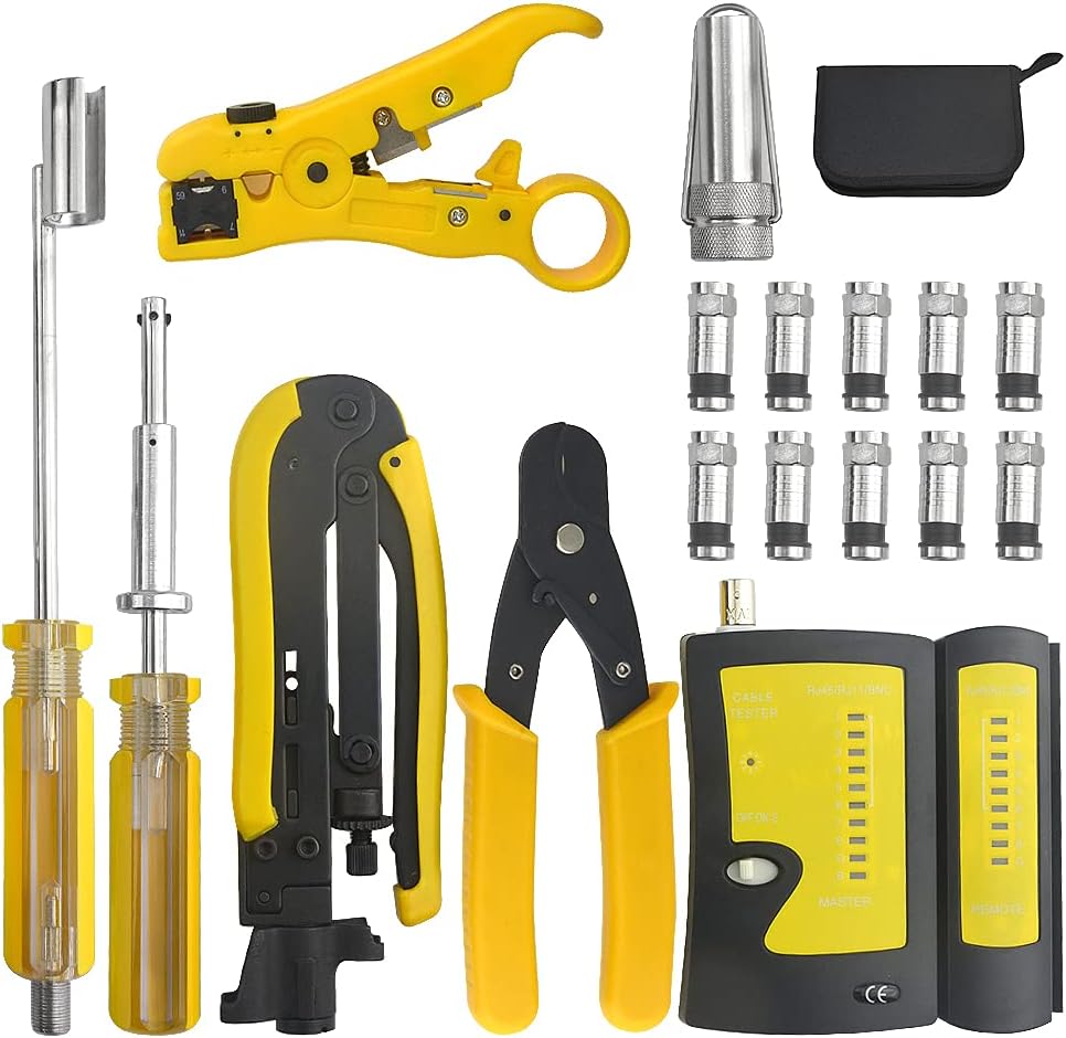 XINGYHENG Coaxial Cable Crimping Tool Kit Multifunctional Coax Cable Crimper RG6 RG59 RG11 75-5 75-7 Coaxial Cable Stripper with Tester Connector with 10Pcs Compression Connectors