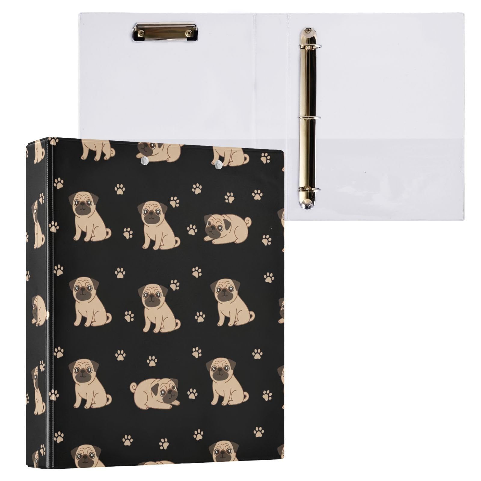 Confezione da 2 raccoglitori ad anelli con tasche grandi, motivo zampa di carlino, colore beige, con tasche grandi, per scuola, università e ufficio