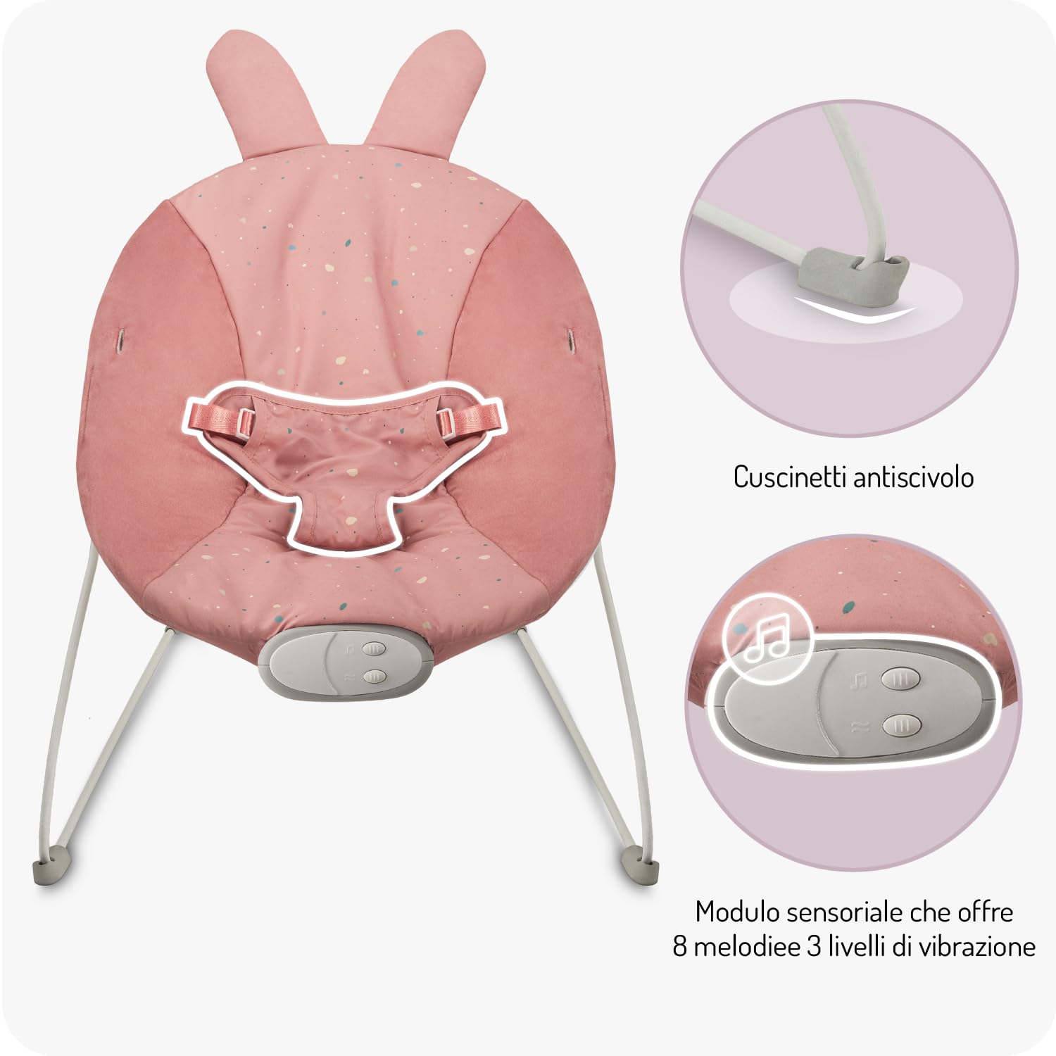 MoMi GLOSSY sdraietta per bambini fino a 9 kg, cintura 3 punti, struttura in metallo con piedini antiscivolo, 1,7 kg, 58×49×53 cm, modulo sensoriale per lo sviluppo del bambino