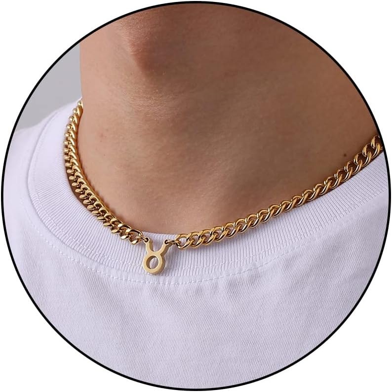 Zodiac Sign Necklace for Men Boys Women, Stainless Steel Constellation Horoscope Astrology Pendant necklace, Cuban chain 18+2 inches