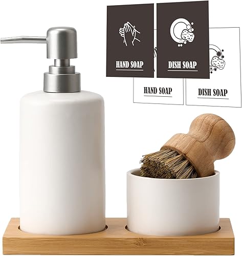 GIRLUFO Juego de dispensador de jabón de cocina negro, 4 dispensadores de jabón para platos de cocina con bandeja de bambú y cepillo natural para