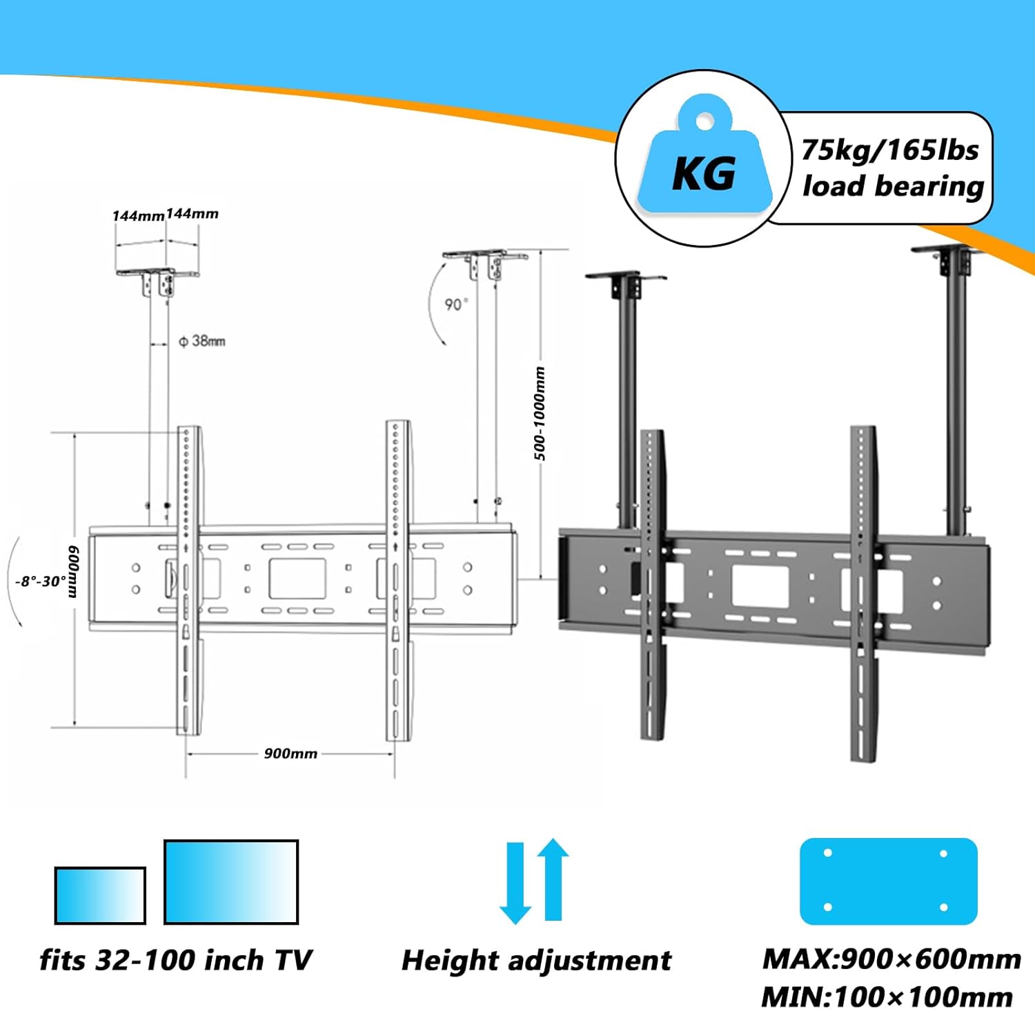 Ceiling TV Mount - Double Pole Hanging Bracket Fits 55-86 Inch LED Flat Panel Display, Holds Up to 176lbs/80kg（Single Screen）