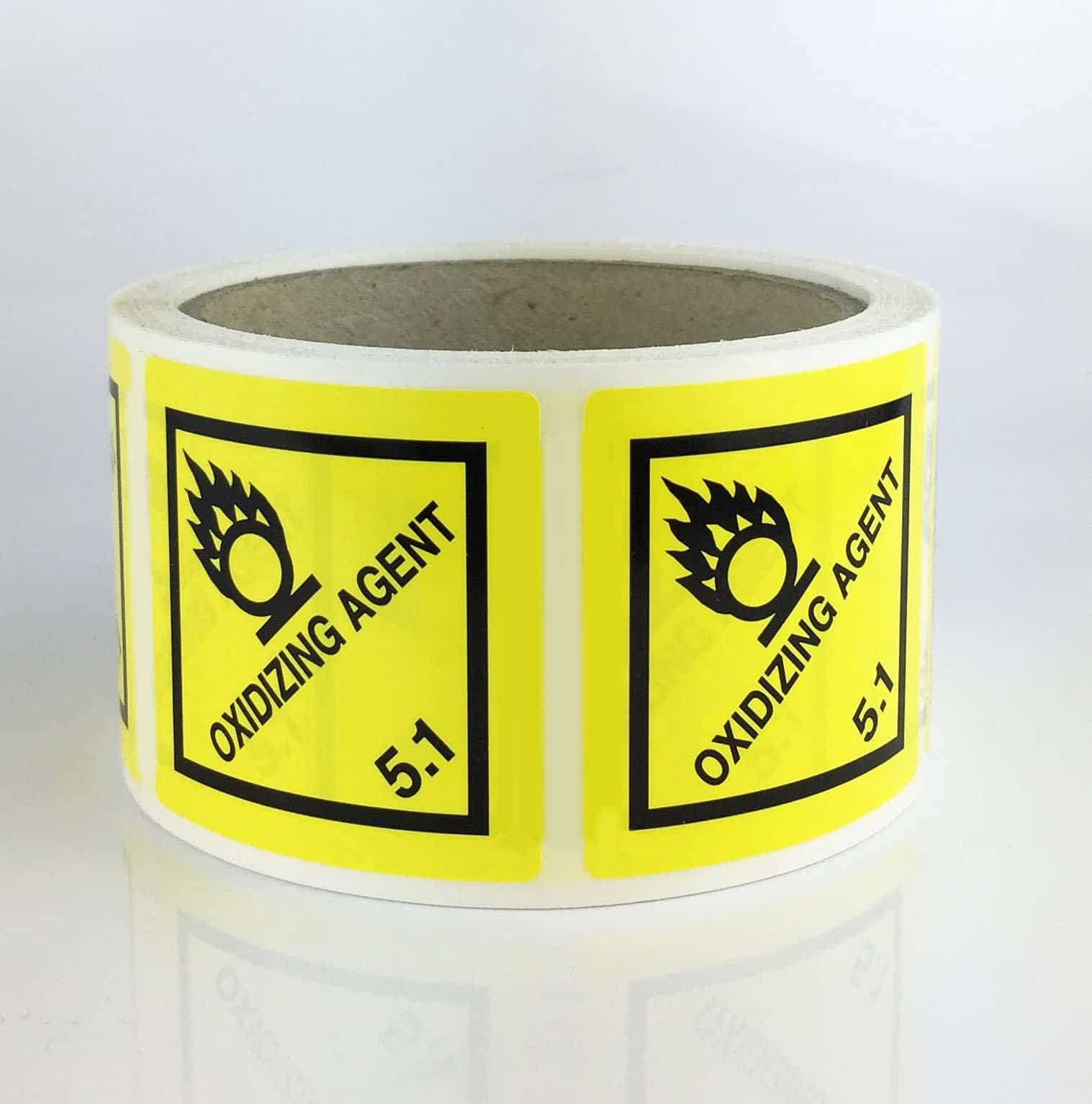Small 50mm Oxidizing Agent Labels Stickers | 50mm | Class 5.1 Hazard Warning Diamonds | Rolls of 250 self Adhesive Labels. for Packages & Containers Too Small for a Full Size Label.