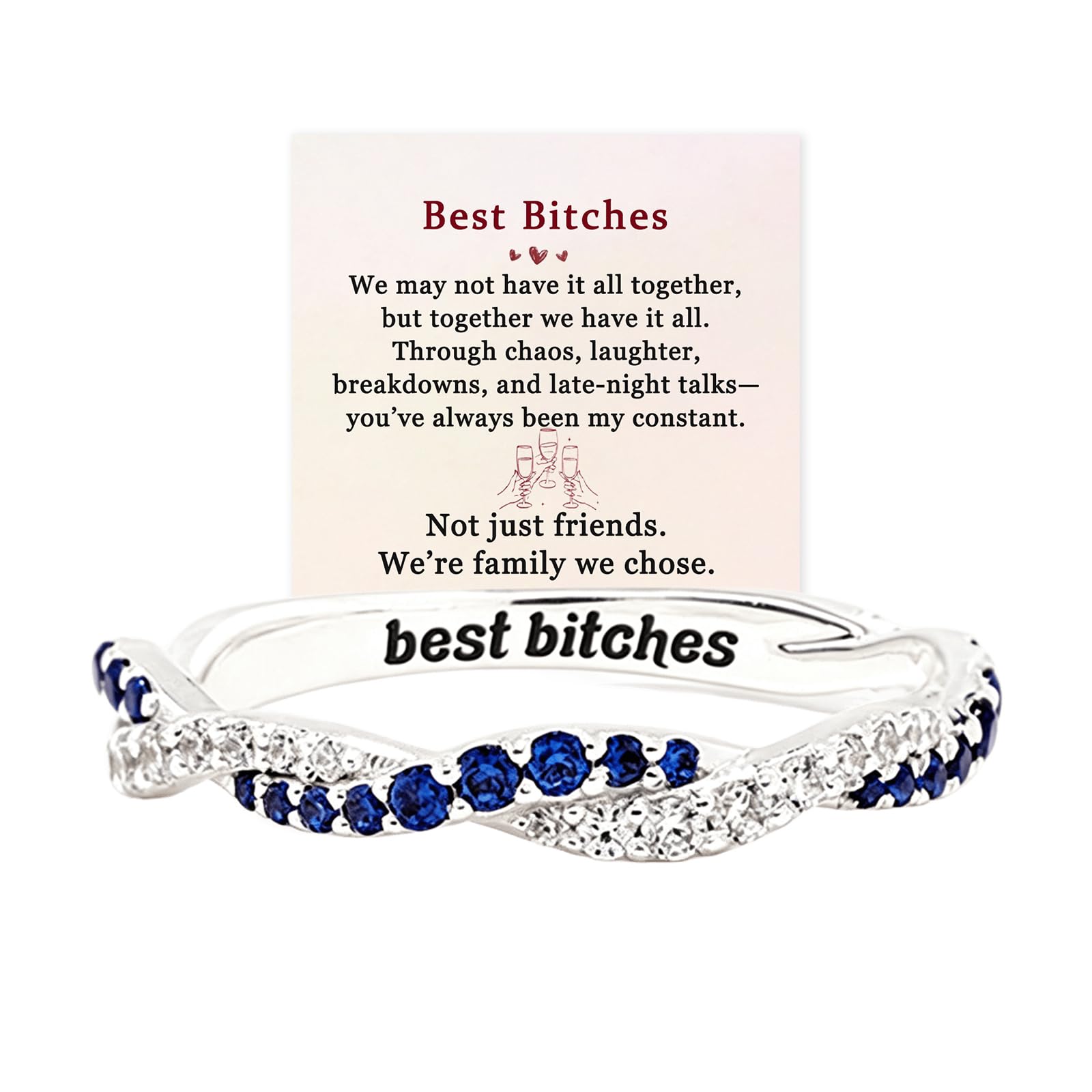 Best Bitches Dual Interwoven Ring Set, Twisted Double Birthstones Wave Ring, Custom Double Wave Engraved Twisted Ring, Stackable Rings Friendship Jewelry Gift for Bestie Friend Sister