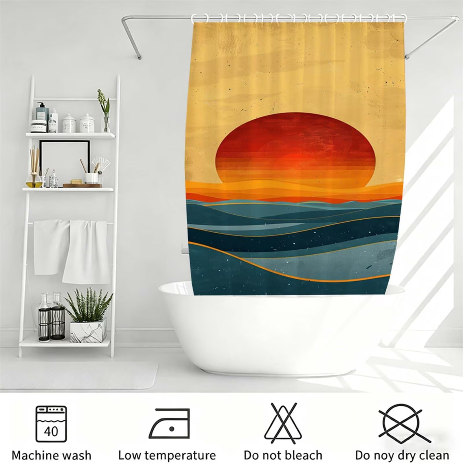 arancione Tenda Doccia 180x180cm,Tenda per Doccia Tessuto Poliestere Impermeabile Asciugatura Rapida 12 Anelli,Tende Finestra Bagno e Vasca Pieghevole per Angolare Casa Shower Curtain Tramonto J-328