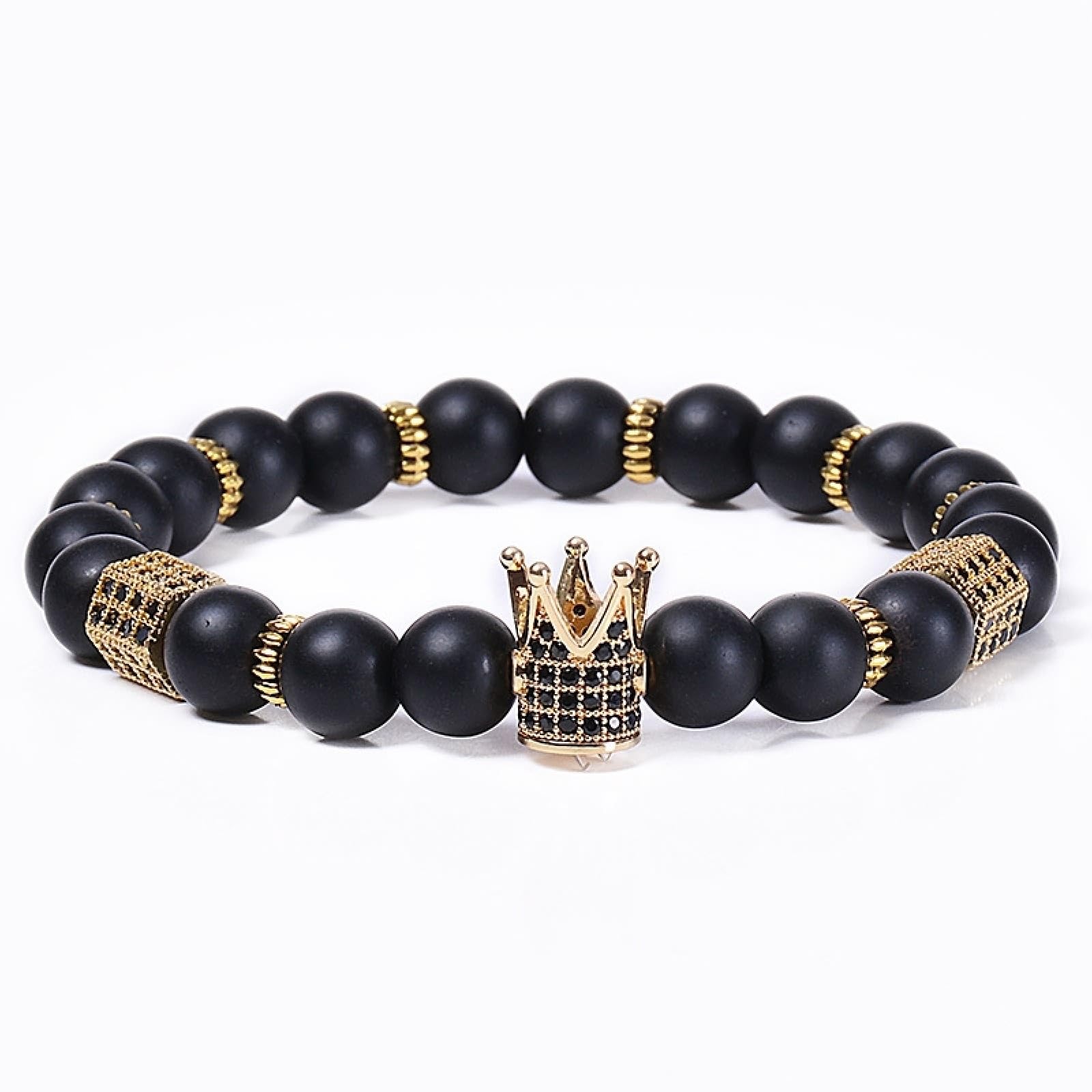 Wycian Perlen für Armbänder Naturstein, Armband Schwarz Elegant Kristall Metalllegierung Elastische Natursteinperlen mit Krone 18cmx8mm Naturstein Hochzeit