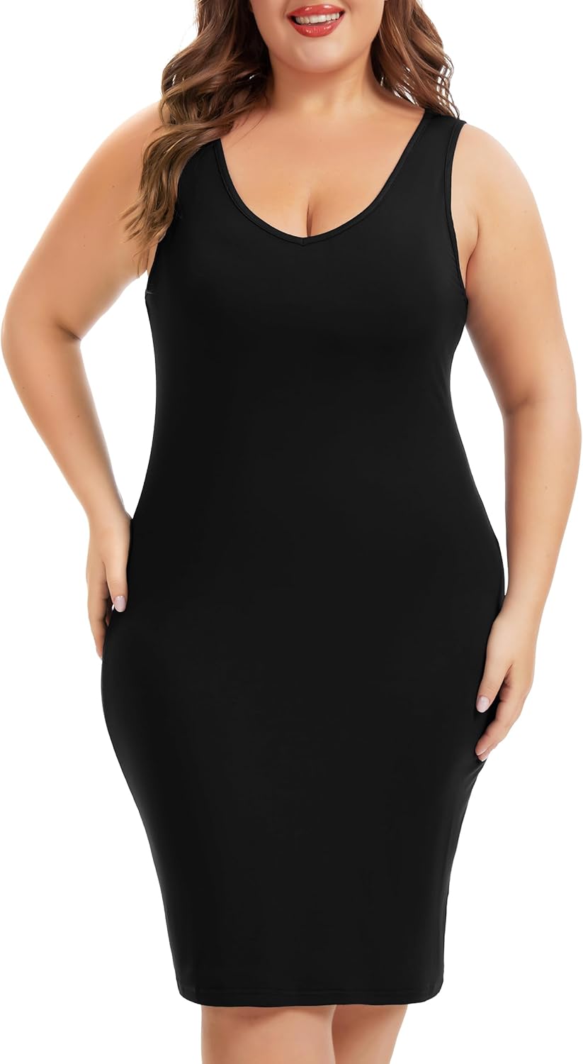 Women's Plus Size Full Slip Dress Soft V-Neck Under Dress Sleeveless Tank Top Dress Wide Strap Slip Nightgown XL-5XL
