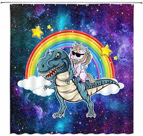 EDOMGNIH Funny Unicorn Riding Dinosaur Shower Curtain Children Cool Cute Cartoon Animal Rainbow Fantasy Galaxy Space Universe Clouds Kids Fabric Bathroom Decor Set with Hooks(70" WX70 H)
