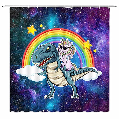 Edomgnih Funny Unicorn Riding Dinosaur Shower Curtain Children Cool Cute Cartoon Animal Rainbow Fantasy Galaxy Space Universe Clouds Kids Fabric Bathroom Decor Set With Hooks(70" Wx70 H) #TOP2