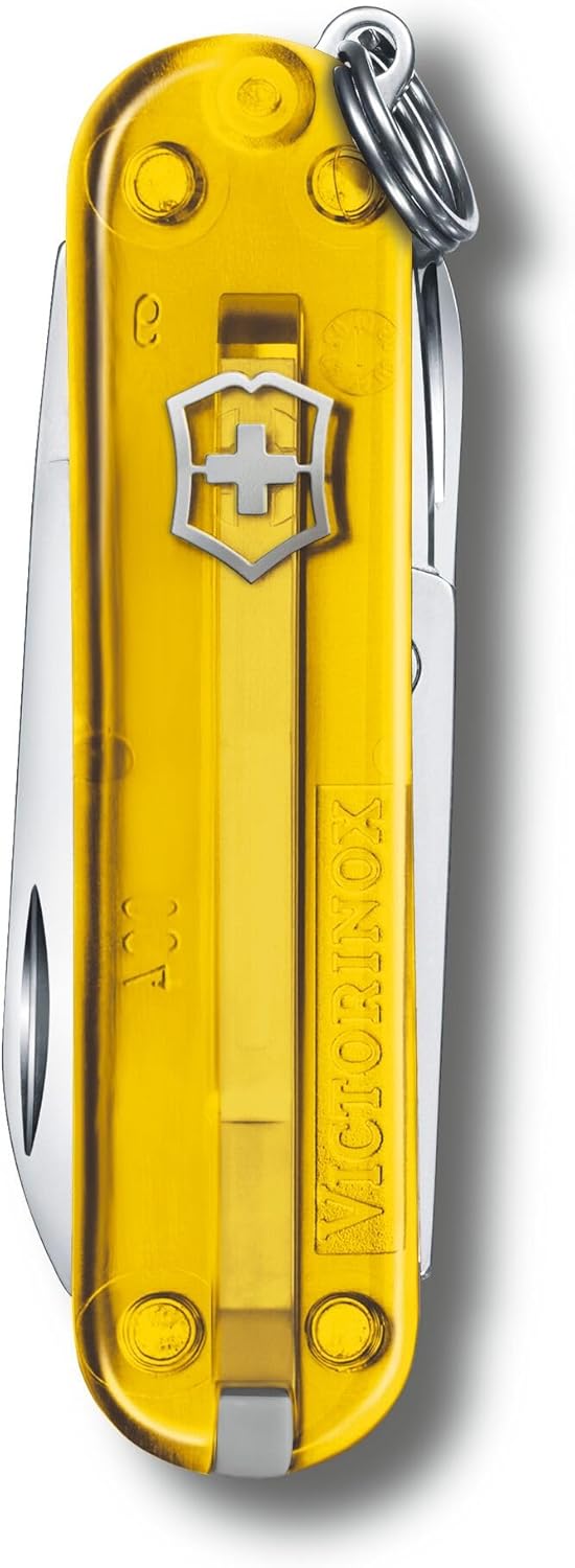 Victorinox Classic SD Swiss Army Knife, Compact, 7 Functions, Swiss Made Pocket Knife with Small Blade, Screwdriver and Key Ring- Yellow Transparent