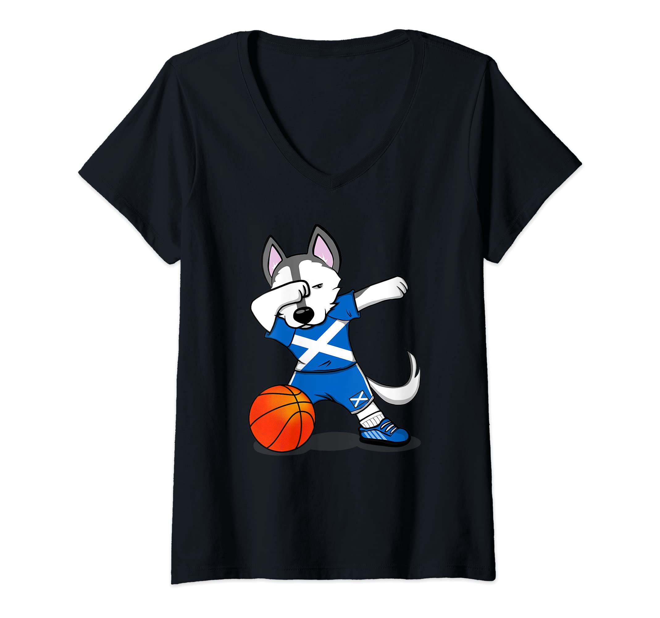 Women's Dabbing Husky Scotland Basketball Fans Jersey Scottish Flag V-Neck T-Shirt, Black
