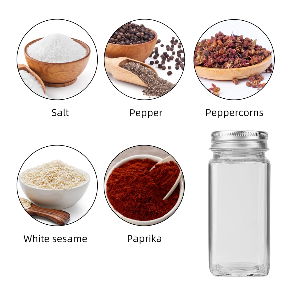 24 quadratische Gewürzgläser aus Glas, Gewürzflaschen mit 24 Etiketten, 120 ml Streudeckel und luftdichten Metallkappen. Zusammenklappbarer Trichterbecher aus Silikon, Pinsel und
