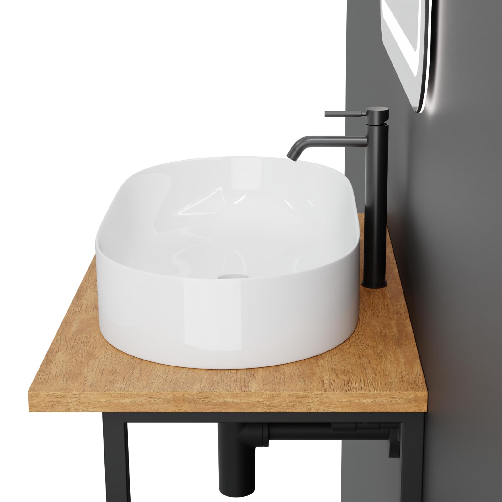HAGO 24 | Lavabo in ceramica | Ovale 60 x 38 cm | Bianco | Bordo sottile | Lavabo da appoggio | Antigraffio | Superficie liscia | Attacco standard