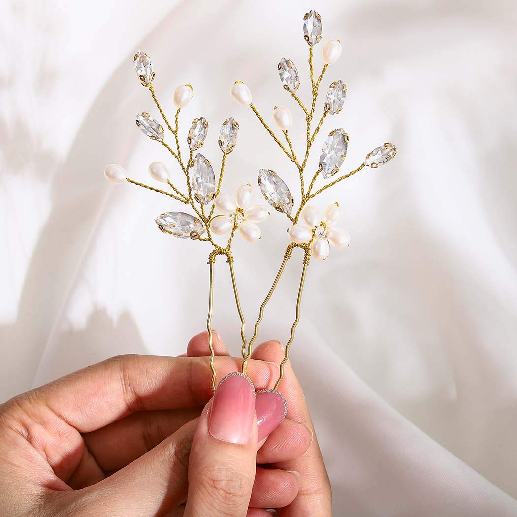 IYOU Bridal Wedding Hair Pins Silver Flower Hairpin Crystal hair Clip Rhinestone Bride Hair Accessories for Women and Girls (Pack of 2) (gold) - Image 4