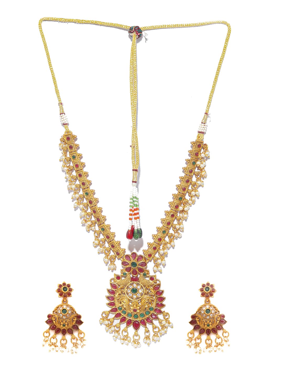 PriyaasiTraditional Real Kemp Gold Plated Jewelley Set, One Size, Brass, Realkamp