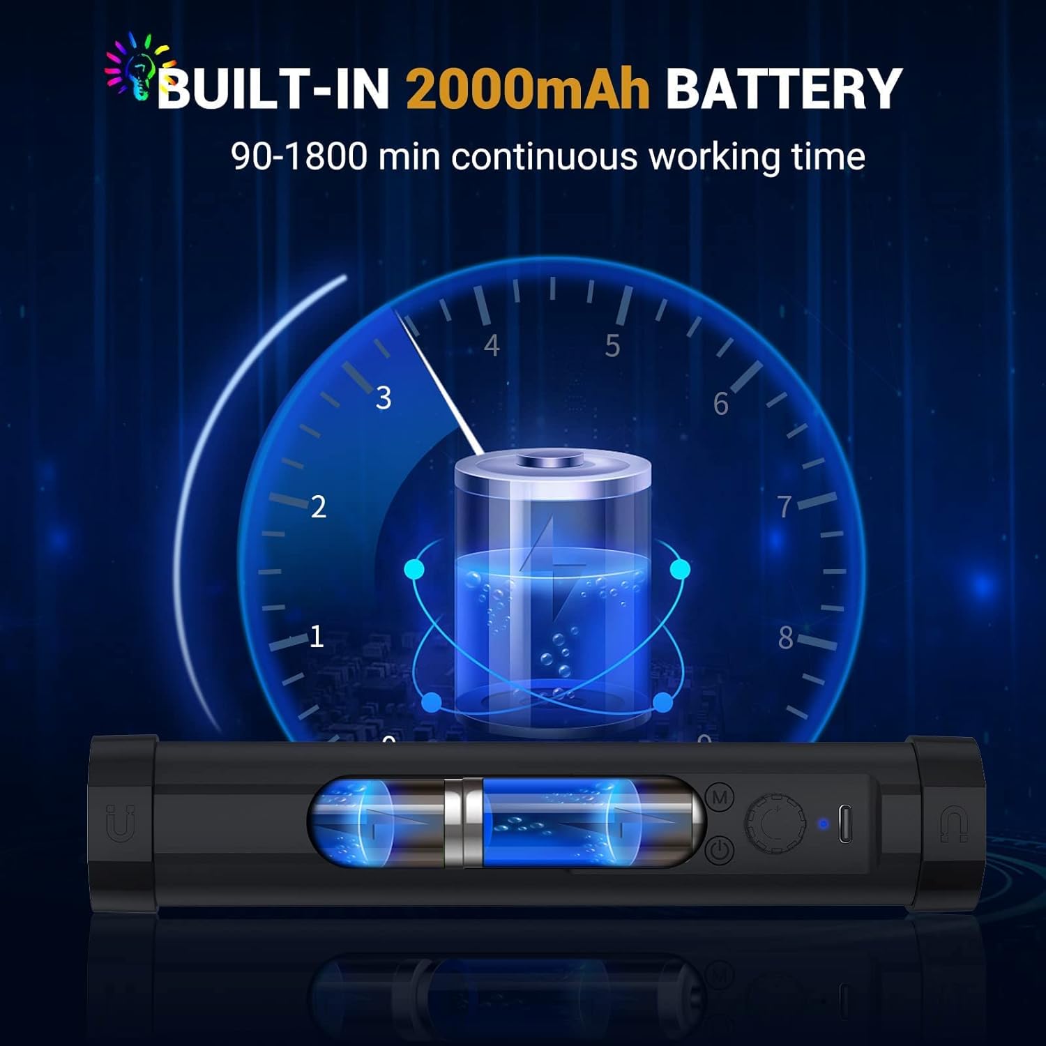 Diagram illustrating the 2000mAh built-in battery of the LUXCEO P100 light wand and its working time.