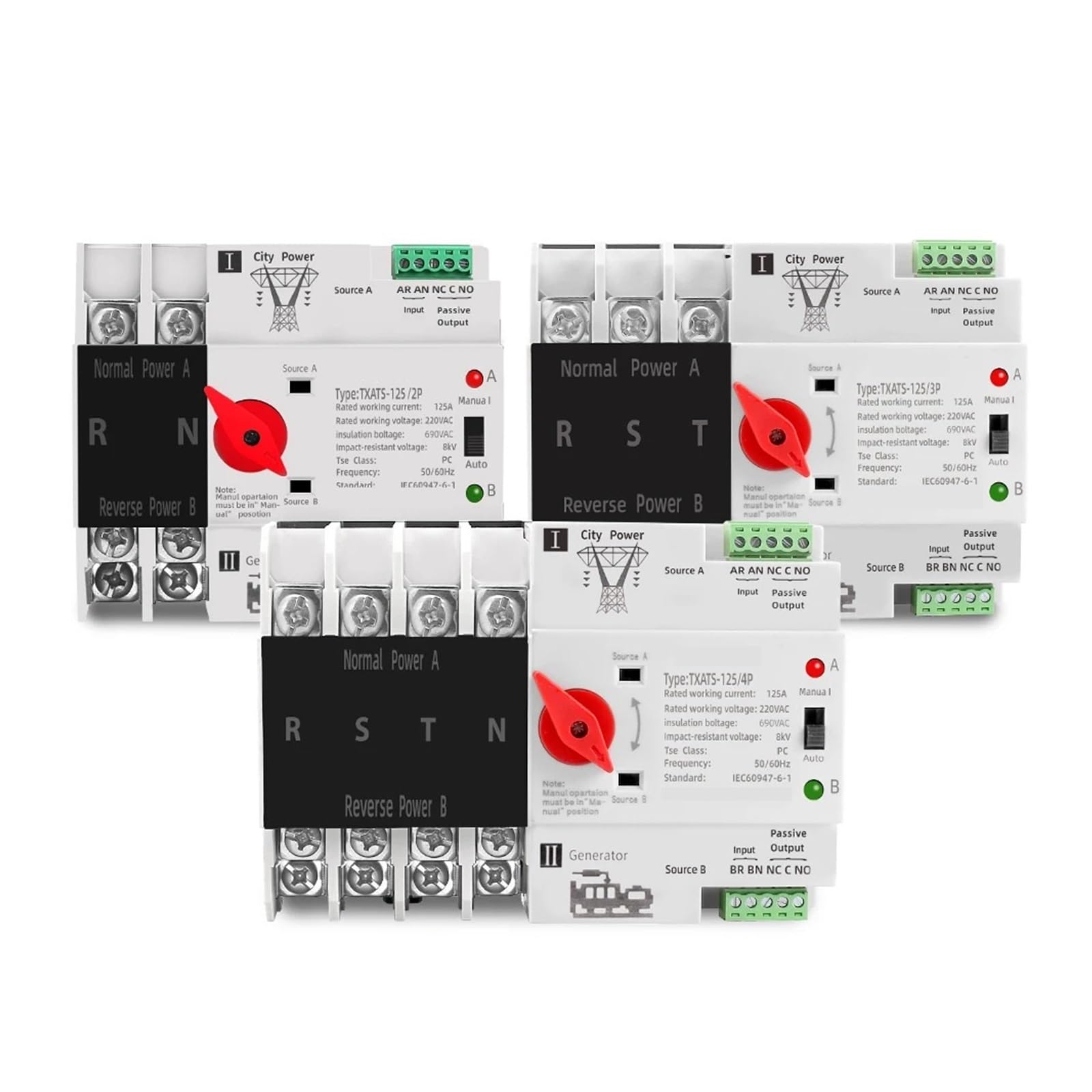 Controlador del conmutador de transferencia automá Carril Din 2P 3P 4P Doble potencia Selector de Interruptor de Transferencia Automática generador de energía ininterrumpida 63A 100A 125A(2P,100A)