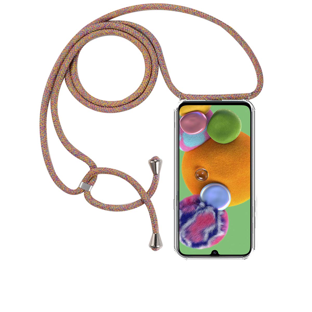 Fmpcuon Rainbow Color Phone Lanyard Case Compatible With Samsung Galaxy A90 5G, Transparent Protective Ultra-Slim Crystal Tpu Cover Smartphone Necklace [Free Tempered Glass] Neck Cord Strap Crossbody Bumper