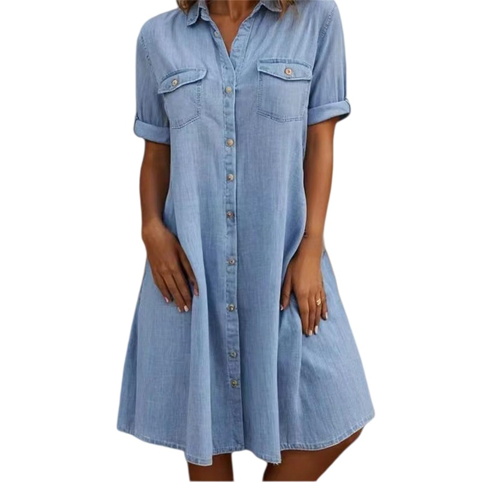 Generisch Sommerliches Jeanskleid mit kurzen Ärmeln, Business-Casual, Midi-Länge, Knopfleiste, Babydoll-Schnitt und Taschen