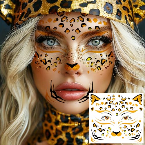 Image of 6 Sheets Glitter Gold Metallic Leopard Print Temporary Tattoos For Face Tattoos Halloween Costume, Realistic Flash Golden Panther Pattern Fake Tattoos Face Makeup Freckles Decals Cosplay Party Favors