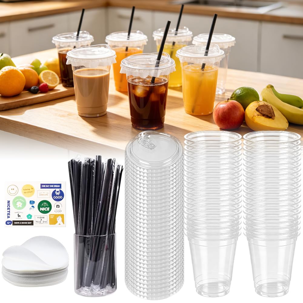 50 bicchieri di plastica trasparente con coperchi e cannucce, 500 ml, bicchieri da caffè in plastica con adesivi fai da te e carta a prova di perdite, per frappè freddo, frullati, caffè