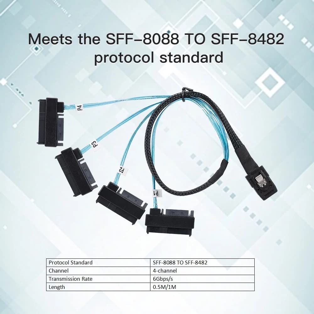 Xiwai Interno 36 Pin Mini SAS SFF-8087 Host a 4 SFF-8482 Target SAS Hard Disk e Cavo di alimentazione SATA 50cm