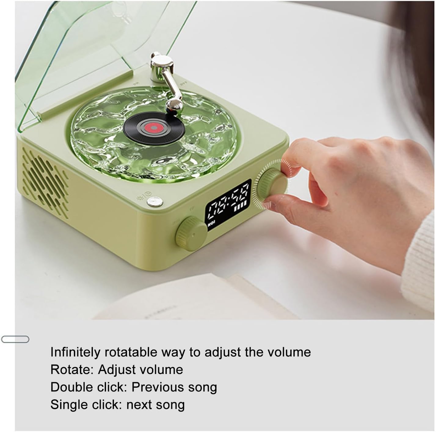 Bluetooth Record Player wiith Stereo Speakers and Water Ripple Light, Record Player with Display Screen, CD Player for Entertainment and Home Decoration (Green)
