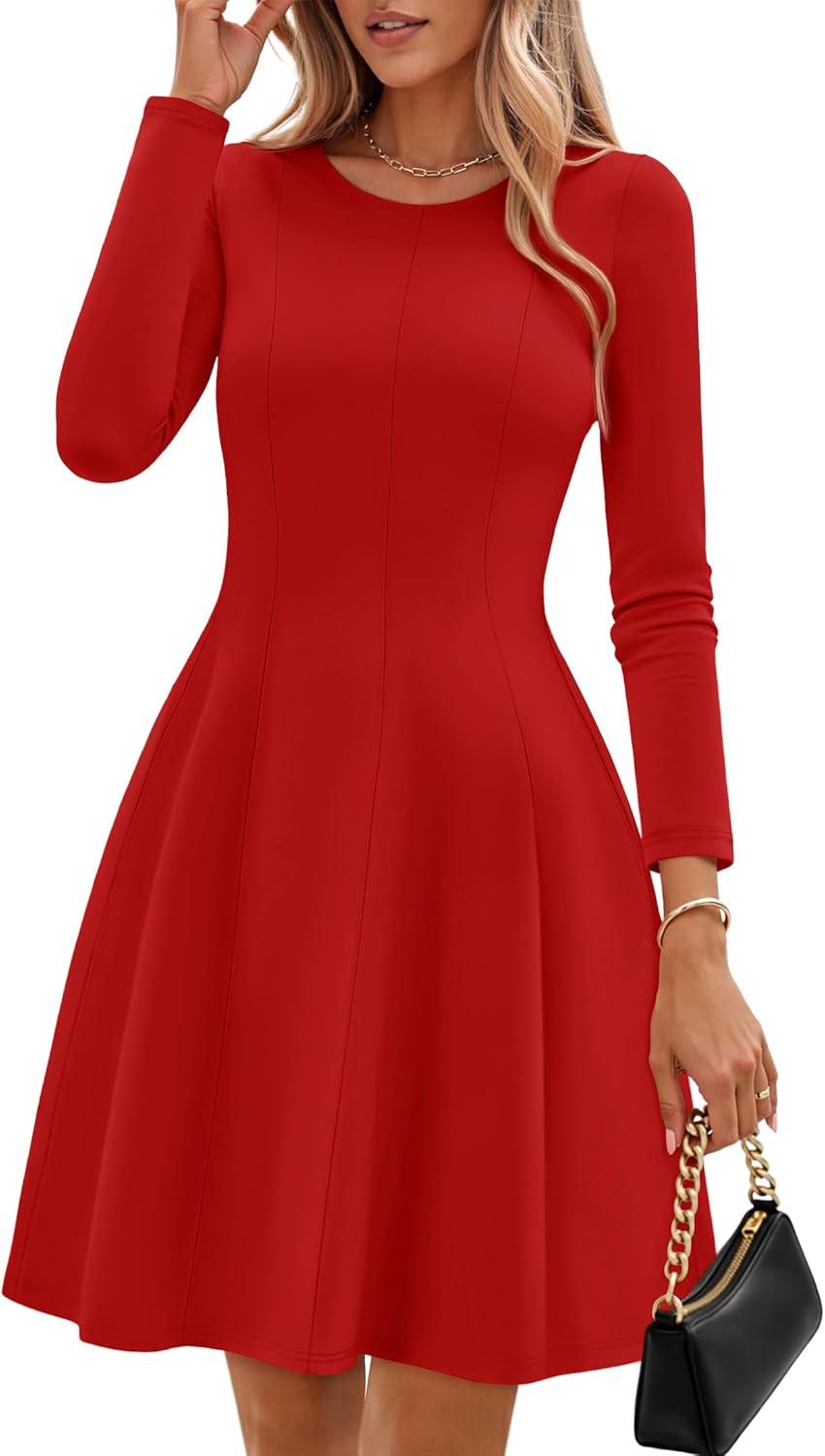 ZESICA Womens Long Sleeve Mini Dress 2026 Fall Crewneck Pleated Babydoll A Line Flowy Wedding Party Short Dresses