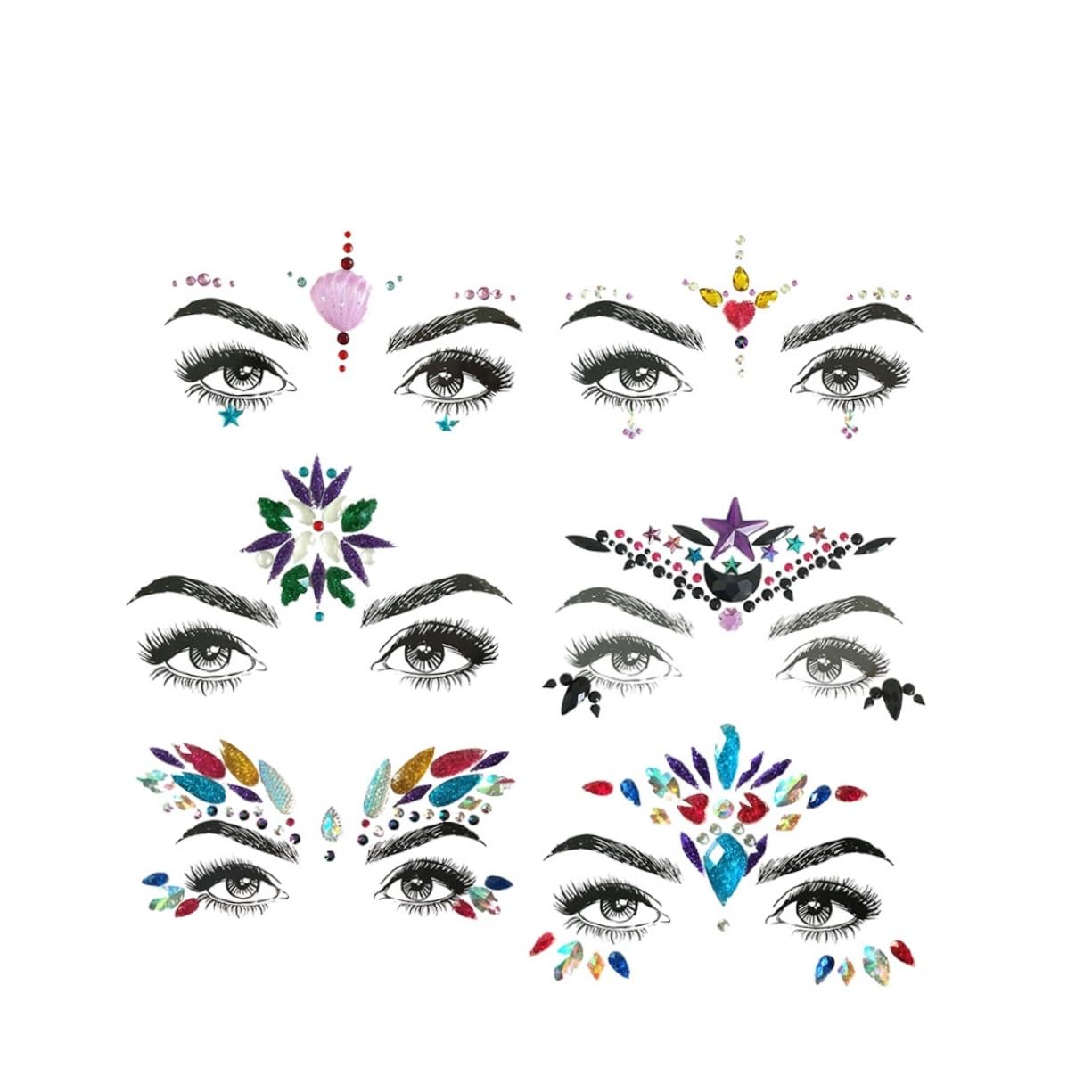FRCOLOR 2 Set Di Gioielli Adesivi Per Il Viso Glitterati Adesivi Per Il Corpo Per Festival Per Trapano in Acrilico Strass Di Cristallo Per Feste 6 Pezzi*2