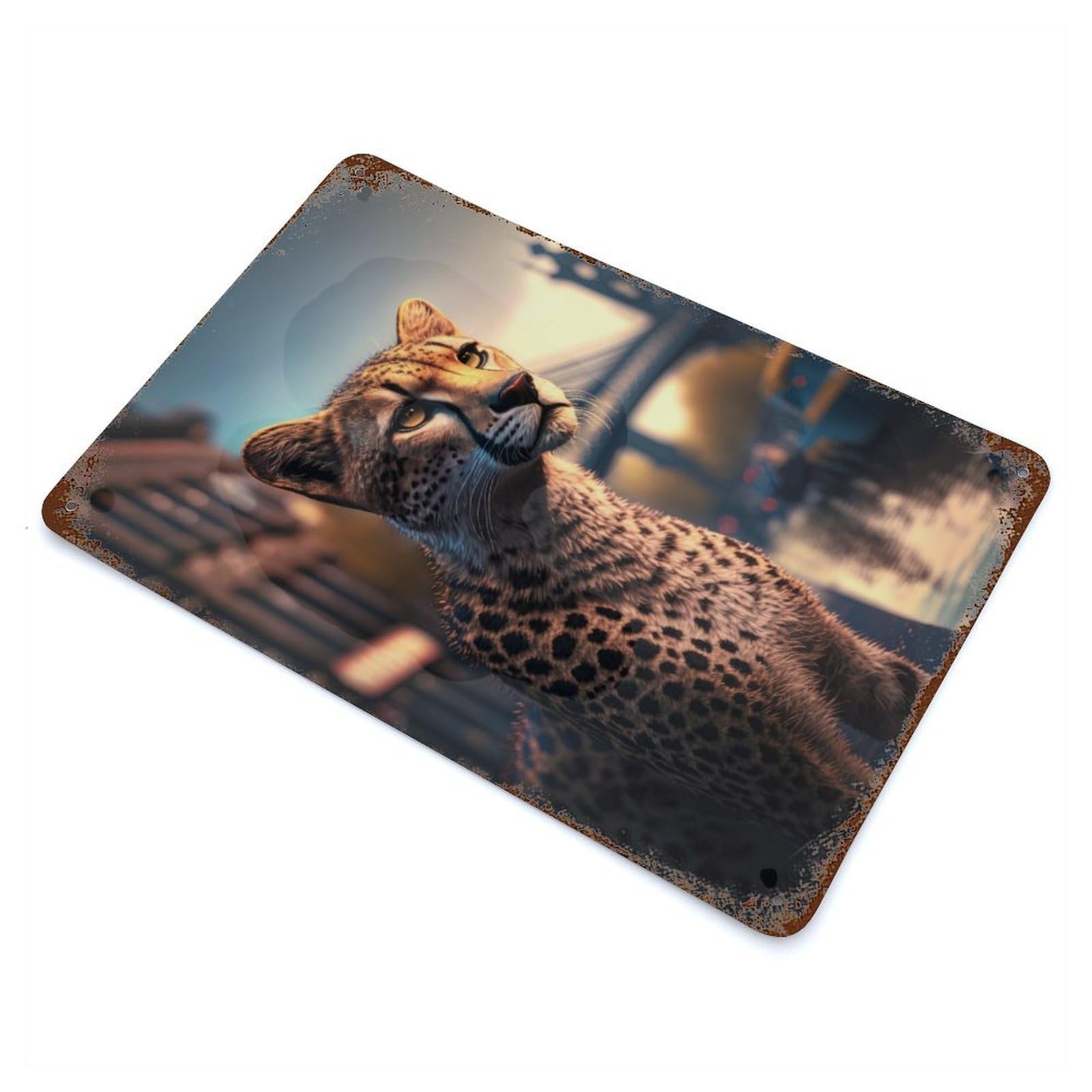 Garage Style Cheetah in Europe Distressed Metal Wall Sign 11.8"x7.9", Novelty Wall Decor for Bar And Workshop
