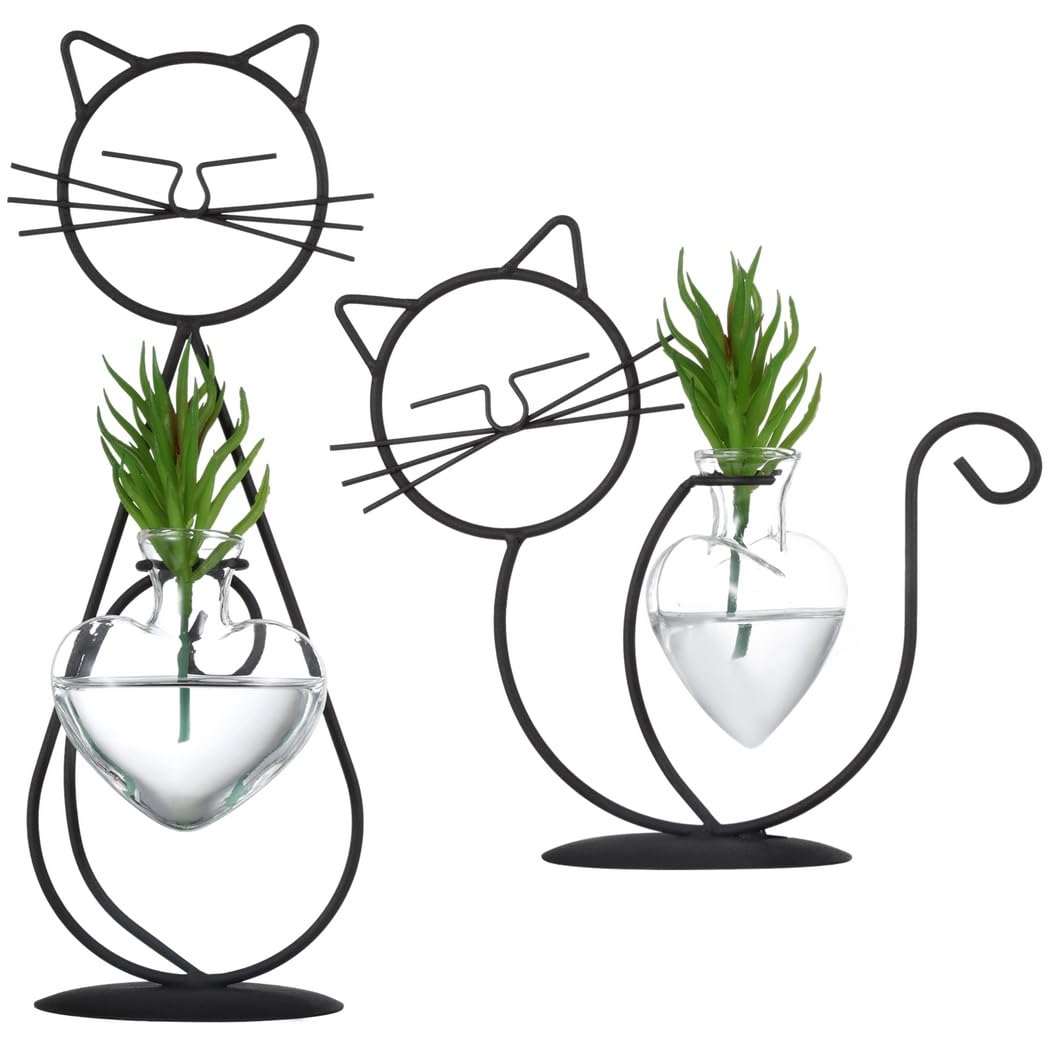 Lot de 2 vases de Propagation Kitty, Supports en Fer avec vases en Verre pour Plantes d'intérieur, Pots hydroponiques en Forme de bulbe, Station de bouturage pour Plantes Aquatiques et fougères