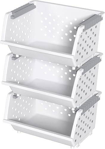 Miniatura 7 de Cestas de almacenamiento apilables de plástico de 3 niveles, cesta apilable para organizar alimentos, aperitivos, color blanco