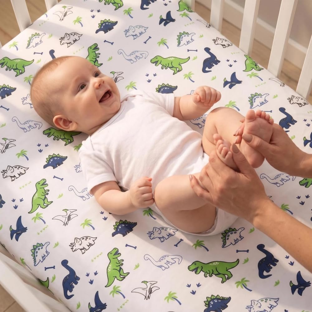 4 Pack Dinosaur Baby Sheets Neutral Unisex Fitted Dino Nursery Baby Sheet Set Toddler Mattress Sheets for Boys (Crib Sheets)