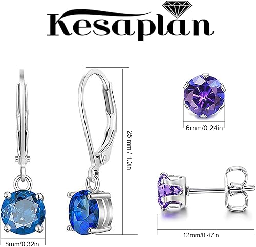 Miniatura 2 de Aretes colgantes y tachuelas de cristal multicolor para mujer, de plata 925, hipoalergénicos, aretes colgantes con cierre de palanca para niñas