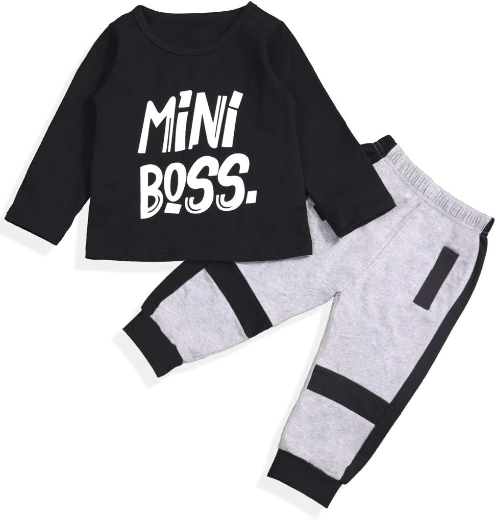 Toddler Infant Baby Boy Long Sleeve Mini Boss Printing Sweatshirt Top and Pants Outfit Set