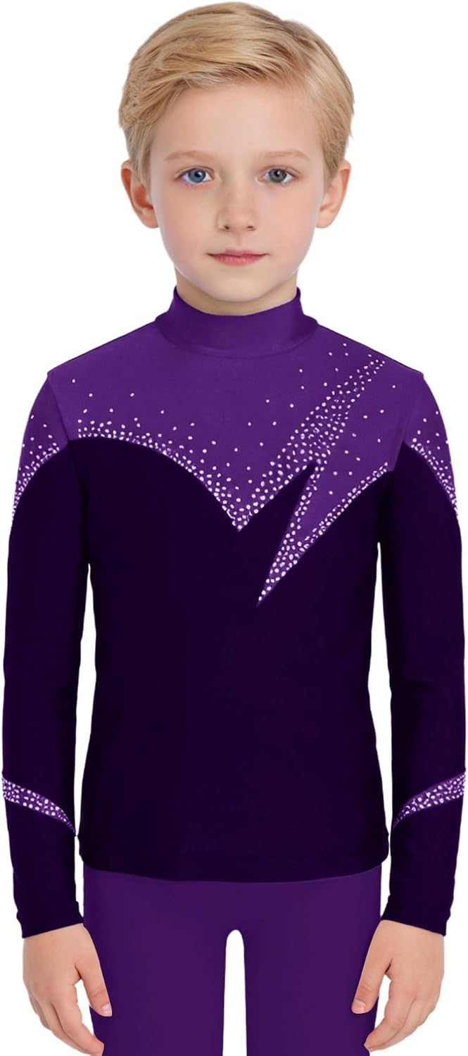 Freebily Kids Boys Rhinestone Figure Skating Top Long Sleeve Shiny Color Block Dance Competition Shirt