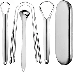 Pacote com 5 Raspador de Lingua, Limpador de lingua inox de qualidade alimentar, com armazenamento, adequados para adultos e crianças