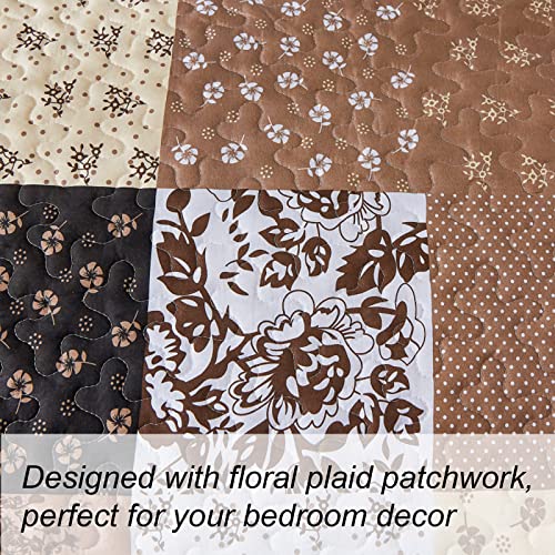 Mybedsoul Khaki Quilt Set King Size Quilt Bedding Set Brown Plaid,3 Pieces Patchwork Floral Patchwork Reversible Bedspread Coverlet Set For All Season,Soft Microfiber Bedding Set King 90 Inchx104 Inch thumb #3
