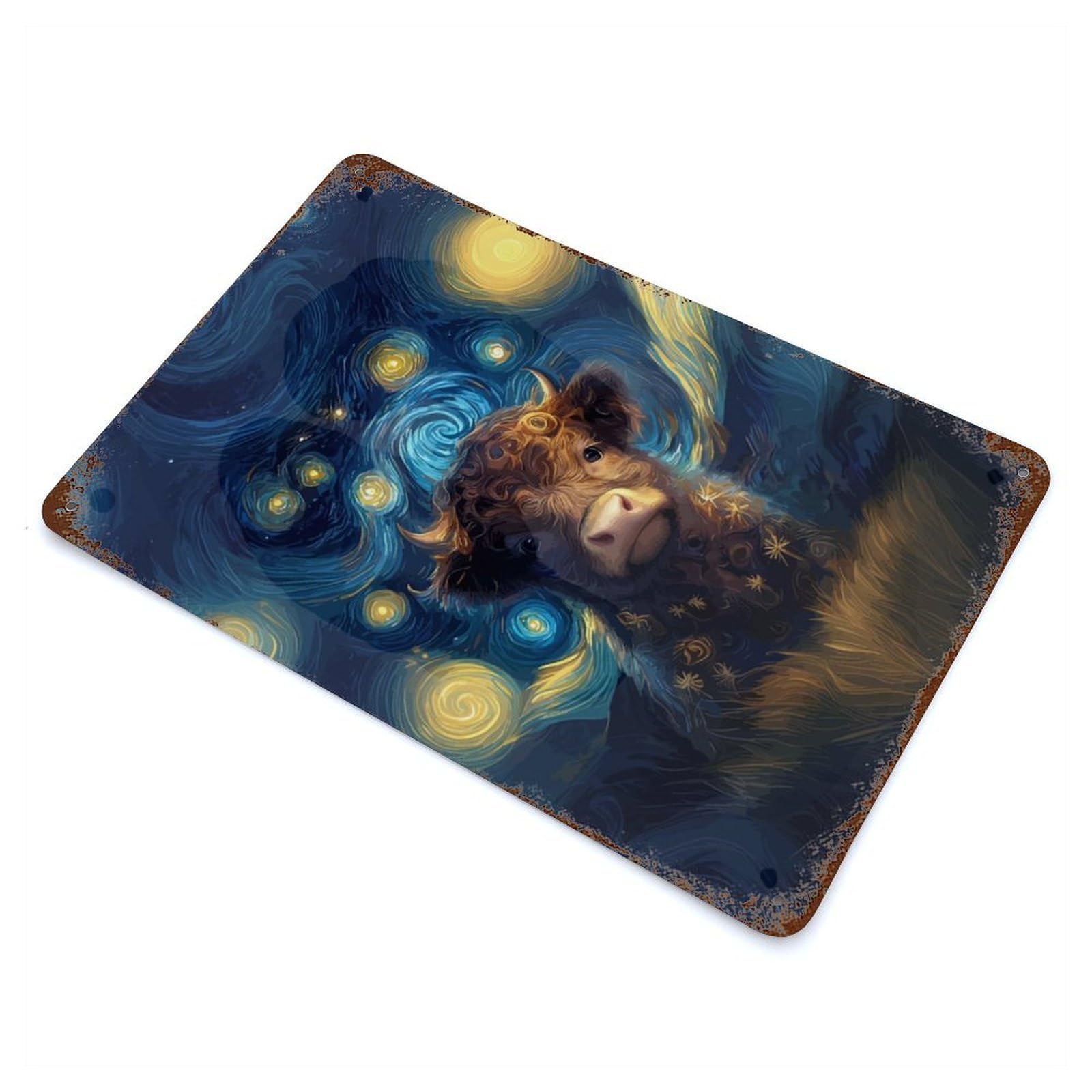 Starry Night Highland Cow Rusty Metal Tin Sign 11.8"x7.9", for Patio, Garden Room And Bar Decor, Old School Wall Decor