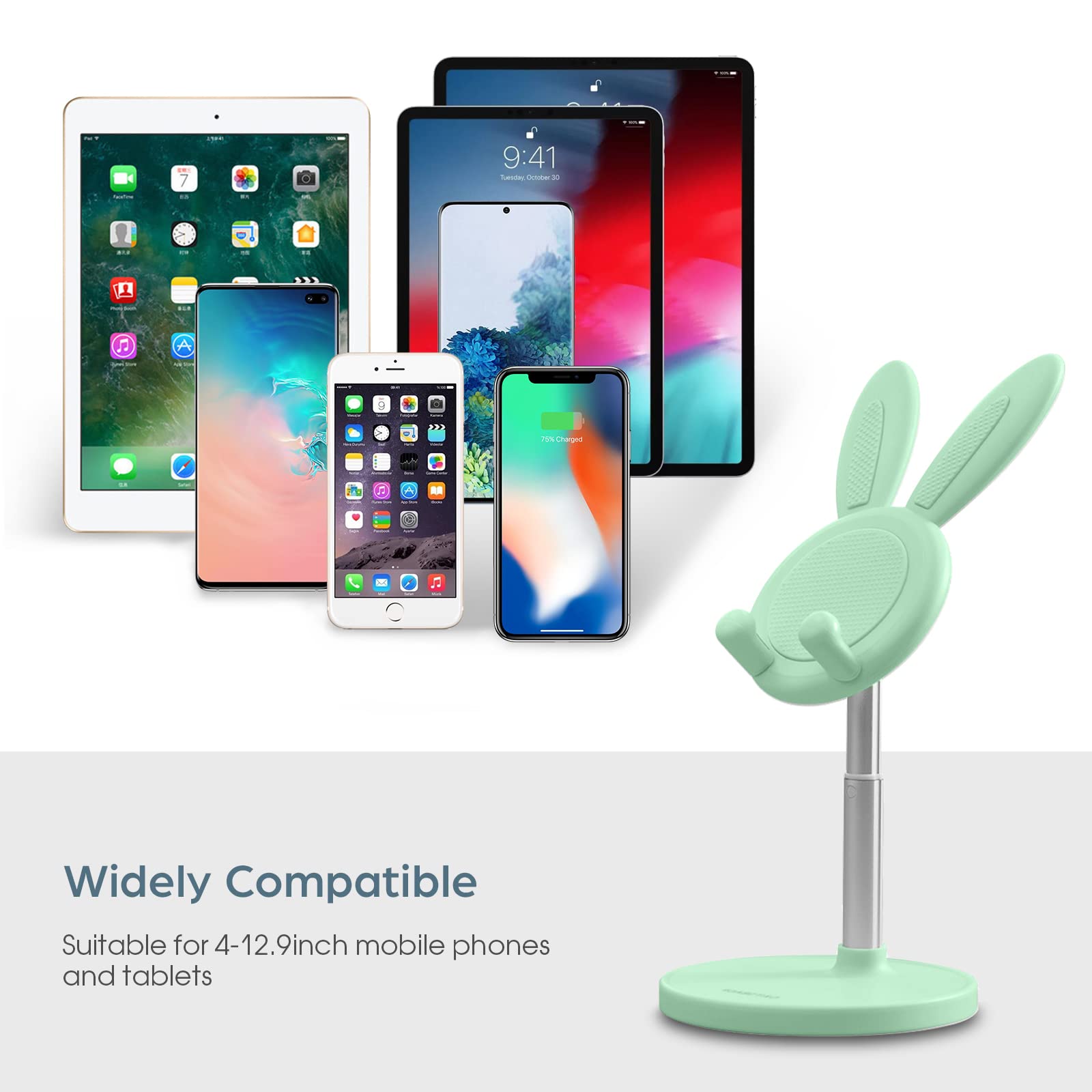 nediea Cell Phone Stand,Angle Height Adjustable Bunny Phone Stand for Desk,Cute Rabbit Phone Holder Stand for Desk, Compatible with All Mobile Phones, Tablets(4-10in) (): Green