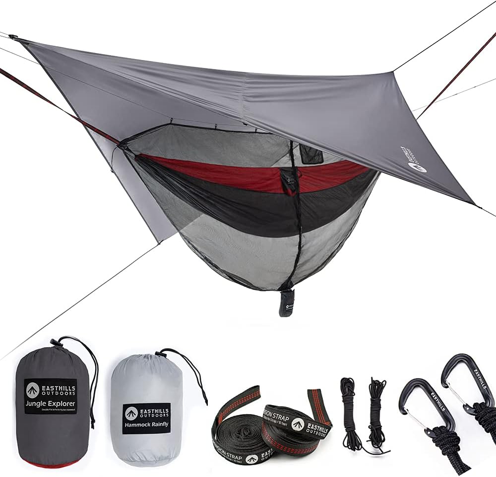 Easthills Outdoors Jungle Explorer 118" x 79" Double Camping Hammock with Separated Mosquito Bug Net and Waterproof Rainfly 2 Person Portable Ripstop Parachute Nylon Hammocks Red : Sports & Outdoors