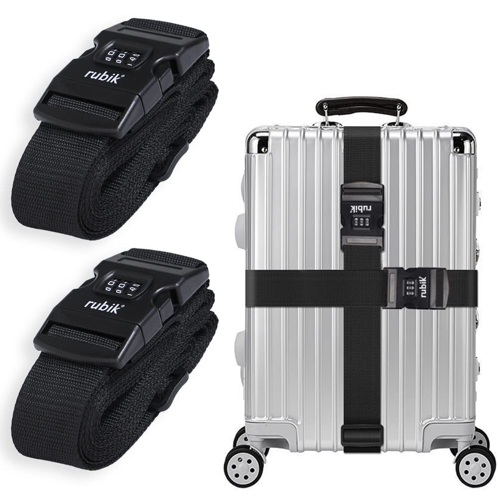 Rubik 78 Inch Heavy Duty Luggage Strap with Password, Adjustable Travel Packing Belt for Bag Baggage Suitcase Safety (2 Pack, Black) 2 Pack Black