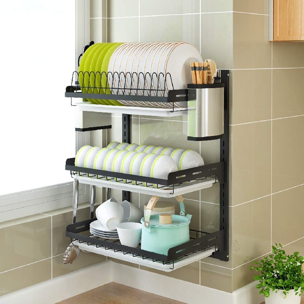 Estante de Almacenamiento de Cocina para el hogar, Estante de Drenaje para Platos montado en la Pared de Cocina de Acero Inoxidable 201 Negro con Jaula para Palillos, Soporte para Cuchillos, 2 Capas