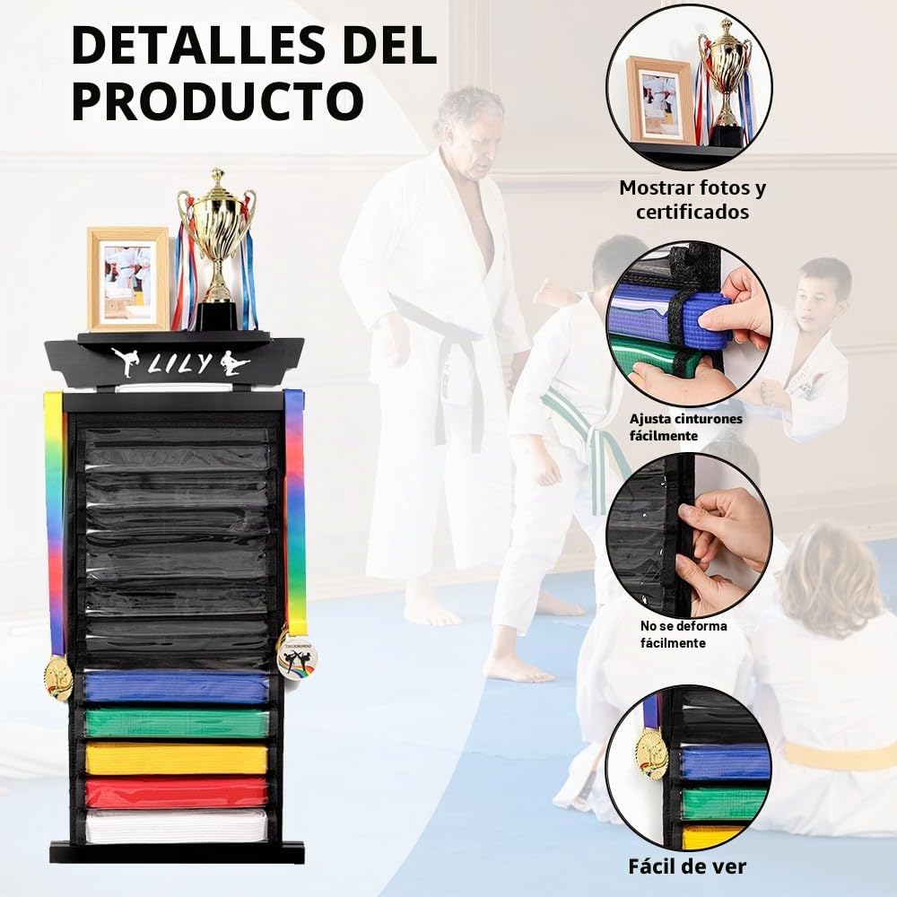 Soporte de Cinturones de Artes Marciales con Bolsa para Polvo, Soporte de Pared para Cinturón de Judo, para 12 Cinturones, Expositor de Cinturón Taekwondo para Artes Marciales, Karate