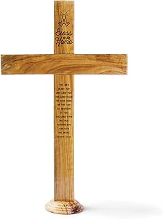 Bless Our Home Memorial Cross Stand for Desk - Genuine Handcrafted Olive Wood Large Wooden Cross From the Holy Land, Engraved Tabletop Cross Statue, Keepsake Religious Gifts for Loss of Loved One
