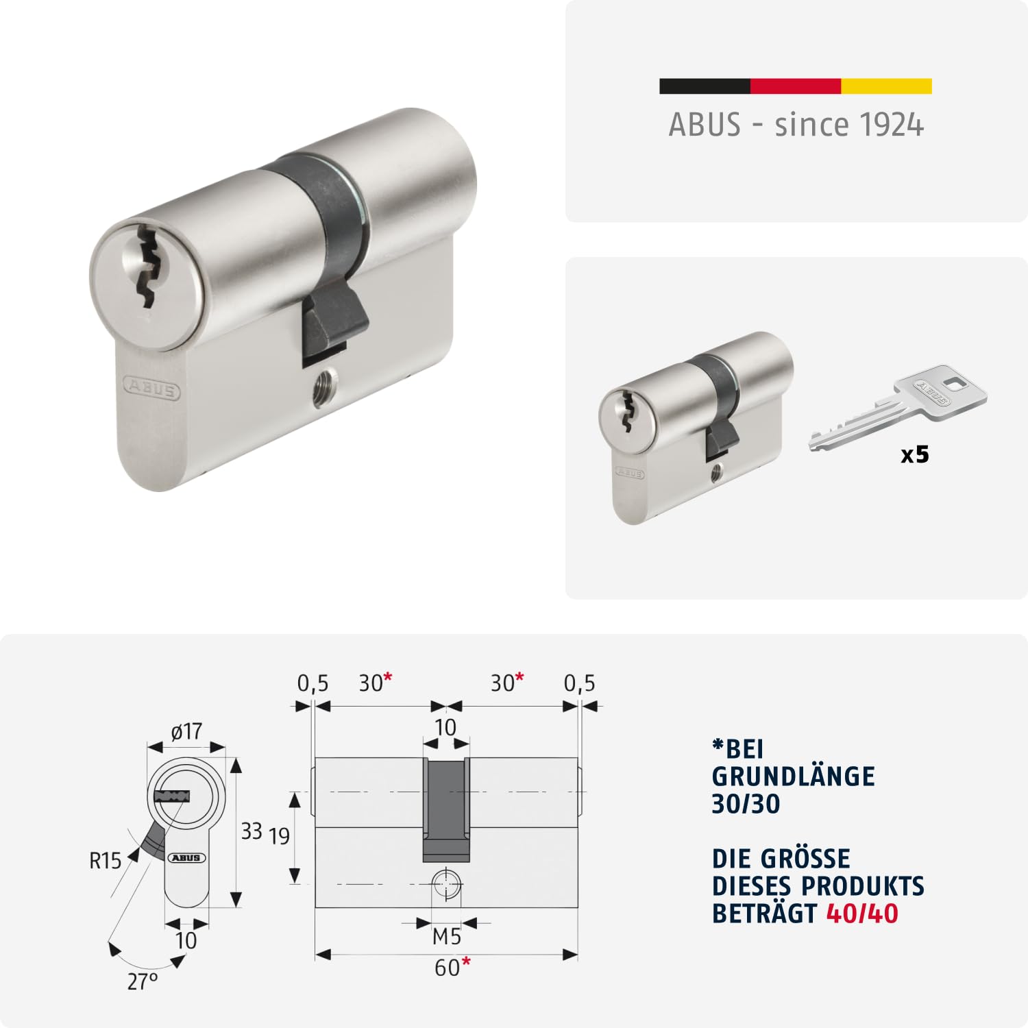 ABUS Cilindro Profilato E30NP 40/40 Doppio Cilindro per Porta con Funzione Emergenza Pericolo e 5 Chiavi, 59816