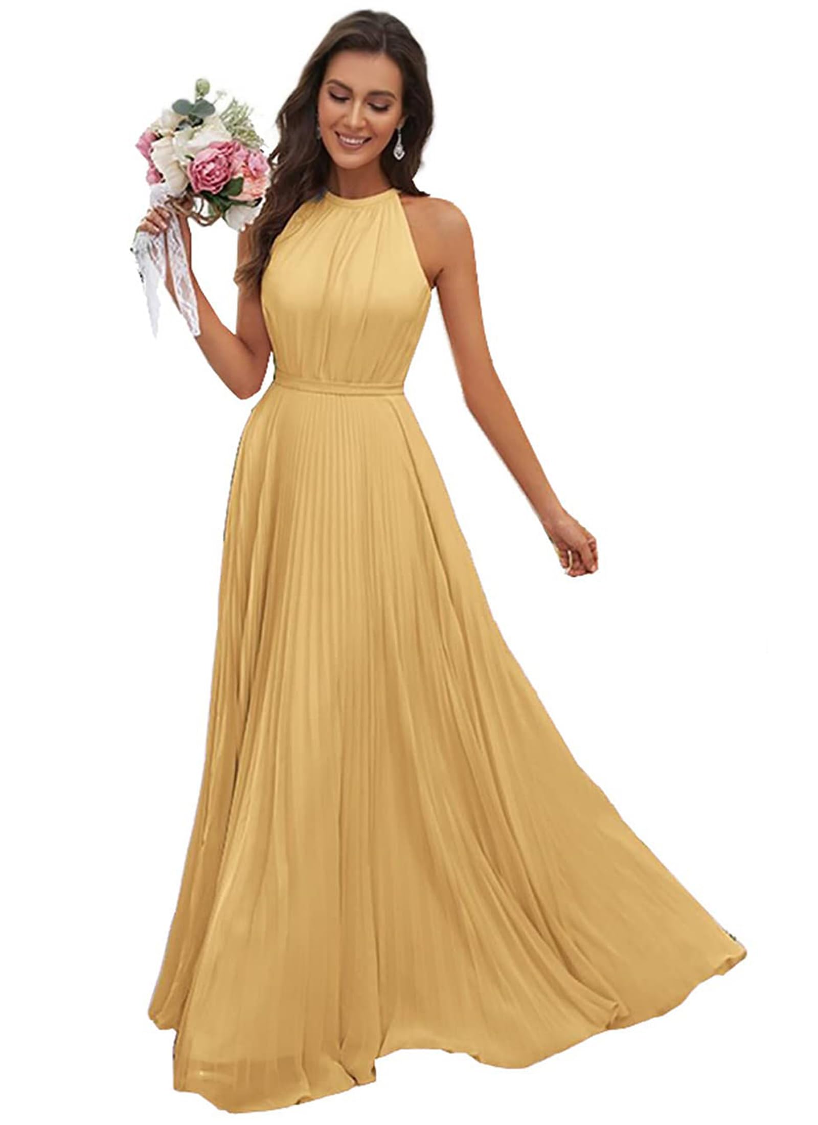 JAEDEN Abendkleid Damen Lang Elegant für Hochzeit Neckholder Brautjungfernkleider Chiffon Festliches Party Kleid Gold 36