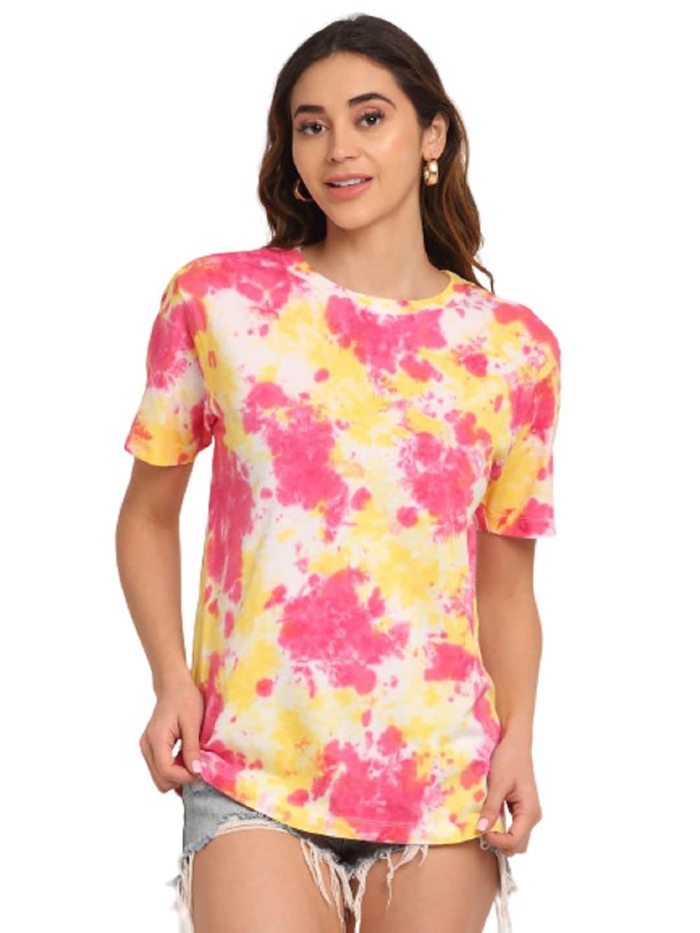 ENNOBLE Pure Cotton Loose Fit Tie & Dye Half Sleeve Round Neck T-Shirt for Women & Girls