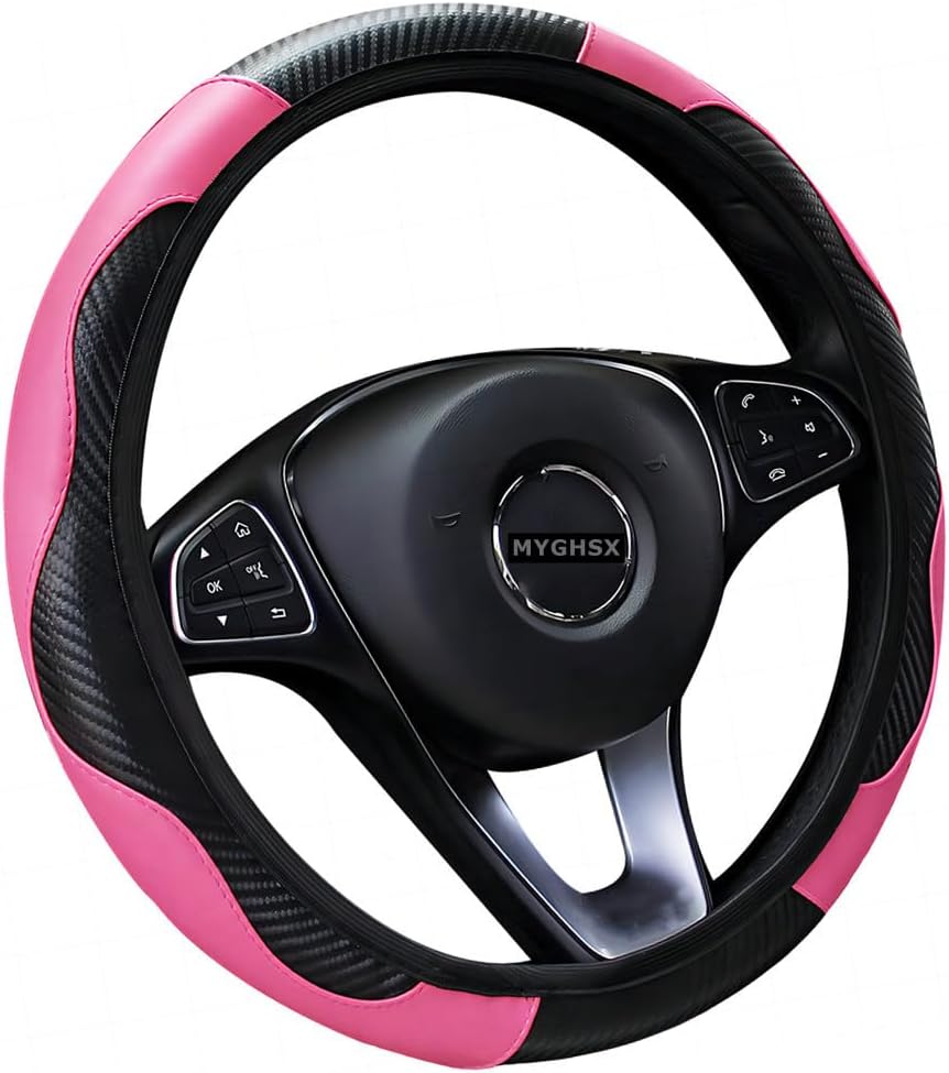 Car Steering Wheel Cover, Universal Microfiber Leather Elastic Carbon Fiber 15 inch Breathable Anti-Slip Steering Wheel Protector for Men Women,Pink